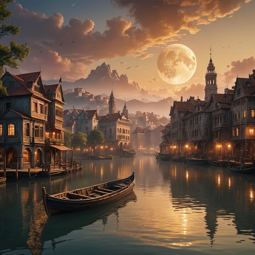 Serene Lake Ship in Sunrise and Moonlight