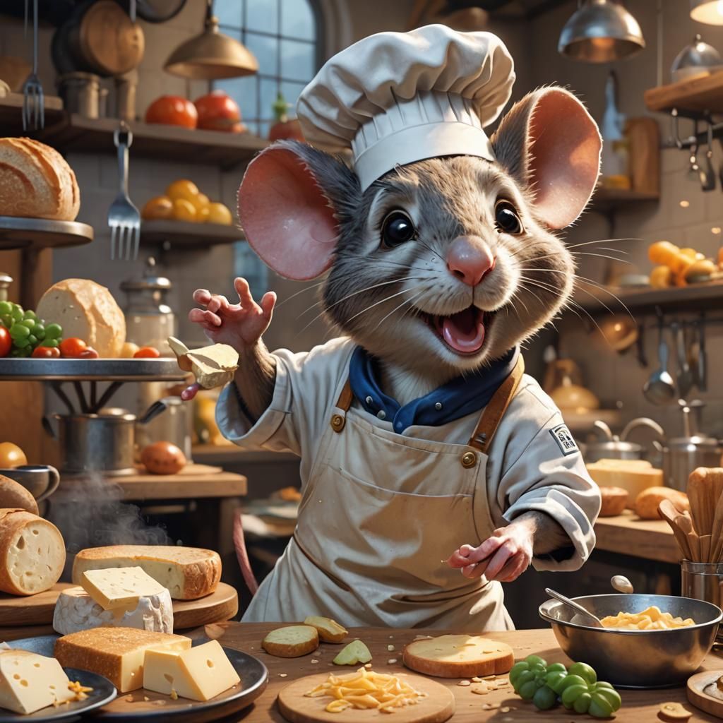 Cartoon Mouse Chef Baking Cheese Bread