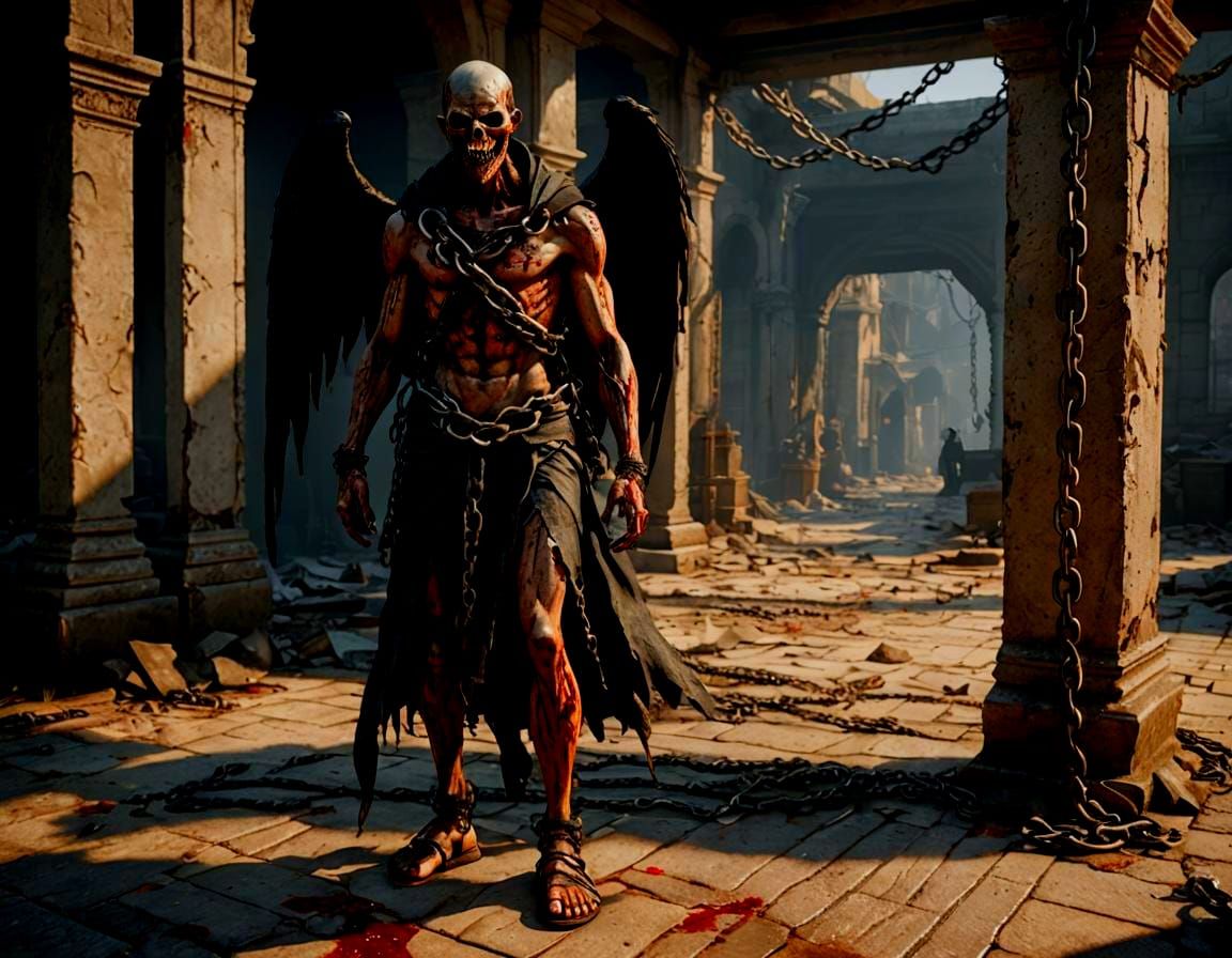 Dark Fallen Angel in Chains and Cloth