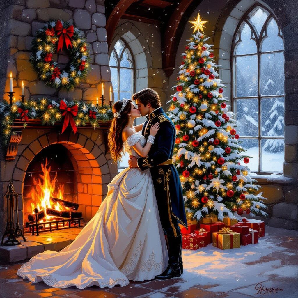 Romantic Christmas Castle Kiss by Firelight