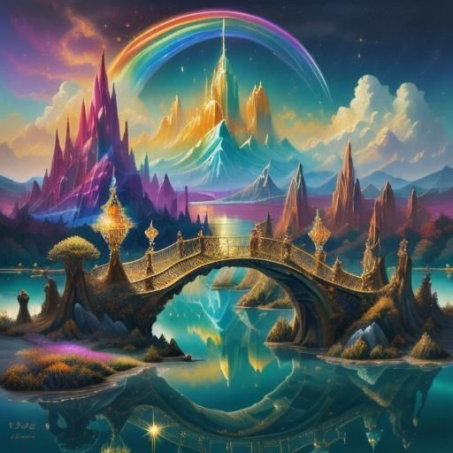 Rainbow Bridge Over Serene Lake in Surreal Style