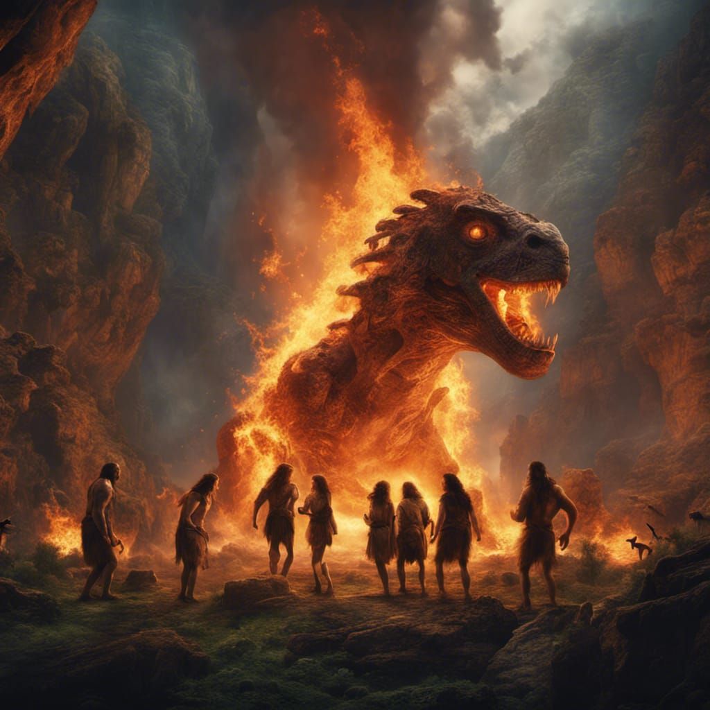 Prehistoric Humans Discovering Fire: Epic Digital Painting