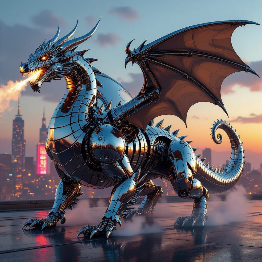 Cyberpunk Dragon Fused with Car Parts in Neon City