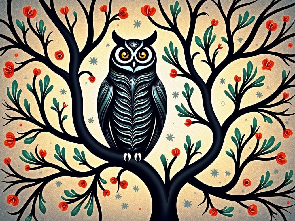 Hexagon Mosaic: Owl Silhouette in Tree