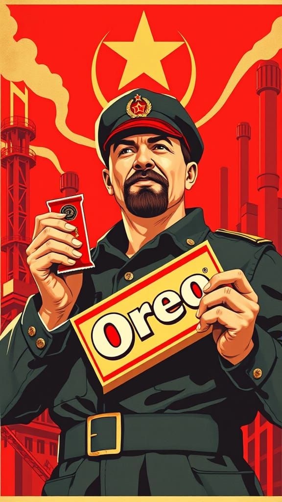 Soviet Worker Celebrates with Oreos in Industrial Realism