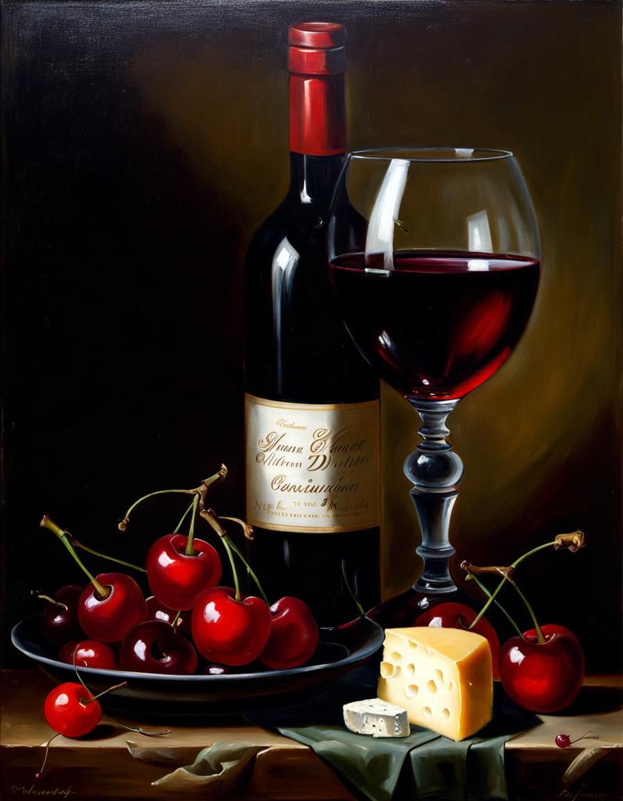 Red Wine Still Life in Floral Painting Style