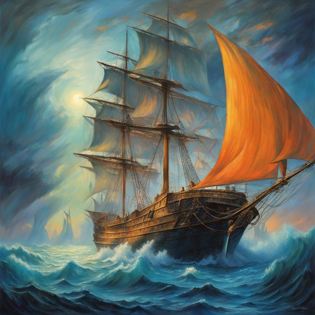 Surreal Ship Battles Raging Waves in Golden Light