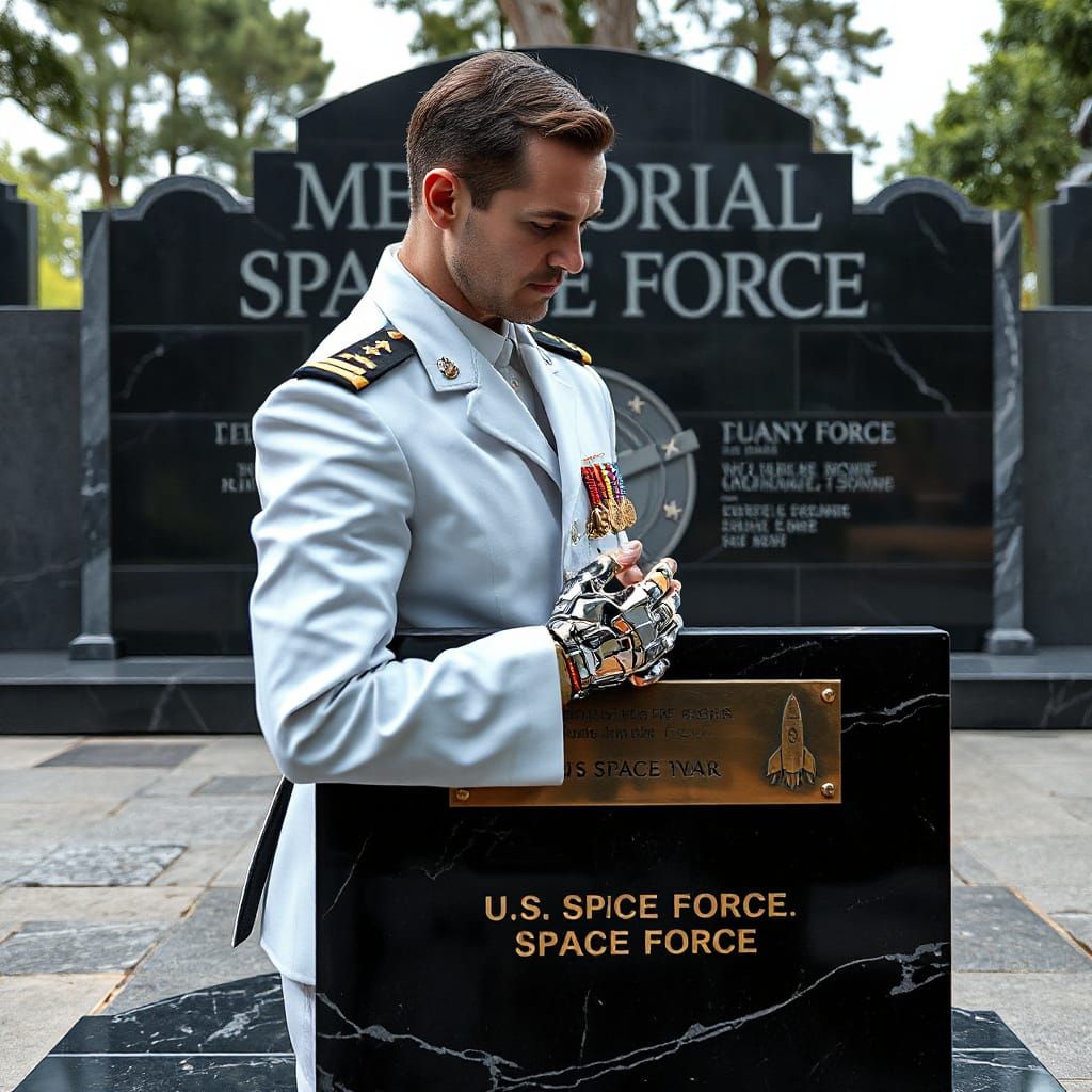 Cyborg Space Force Captain Prays at Memorial