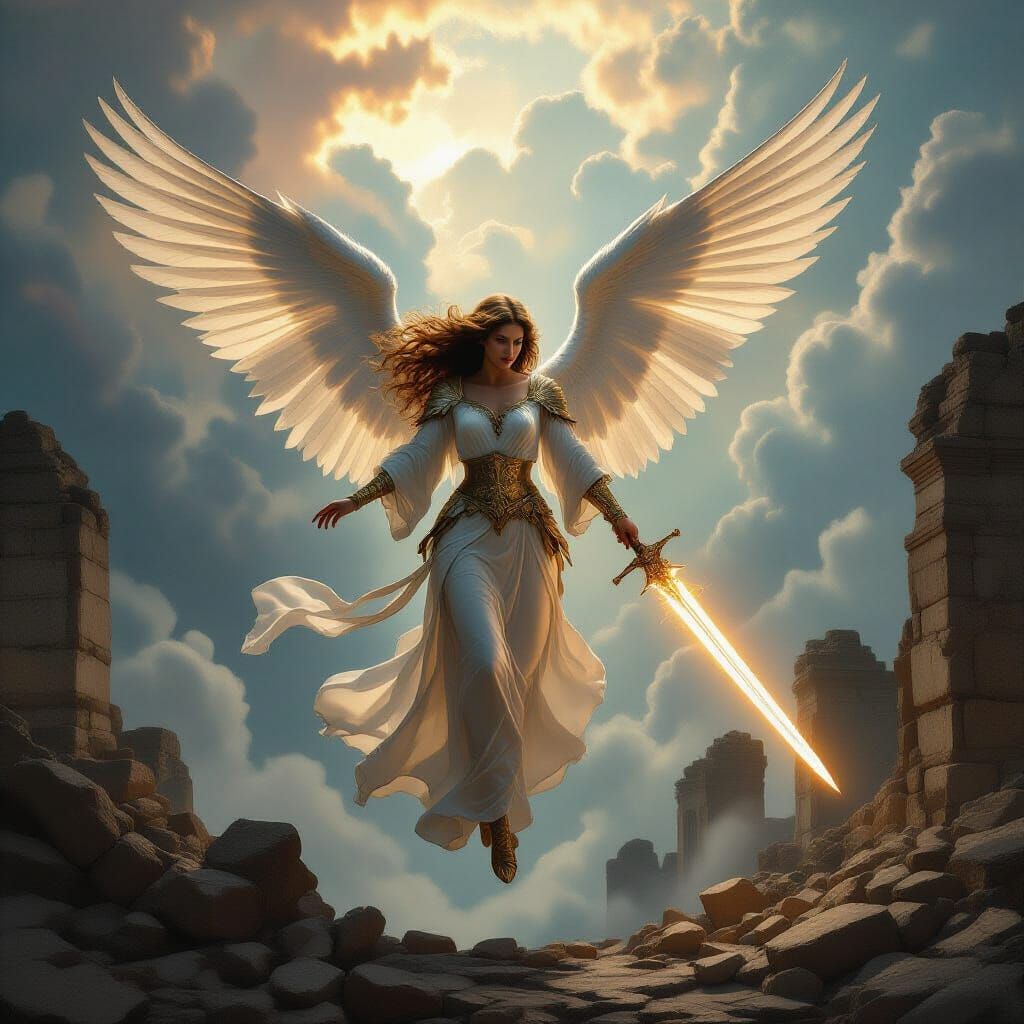 Majestic Angel Descends in Dramatic Light Over Ruins