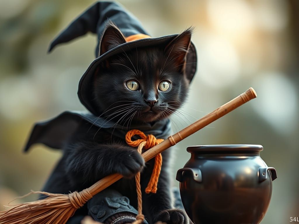 Cute Kitten Witch with Broomstick and Cauldron