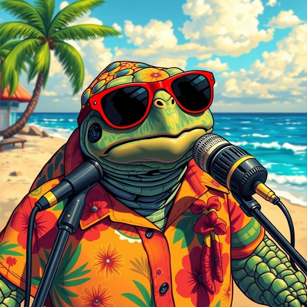 Singing Turtle in Hawaiian Shirt on Beach