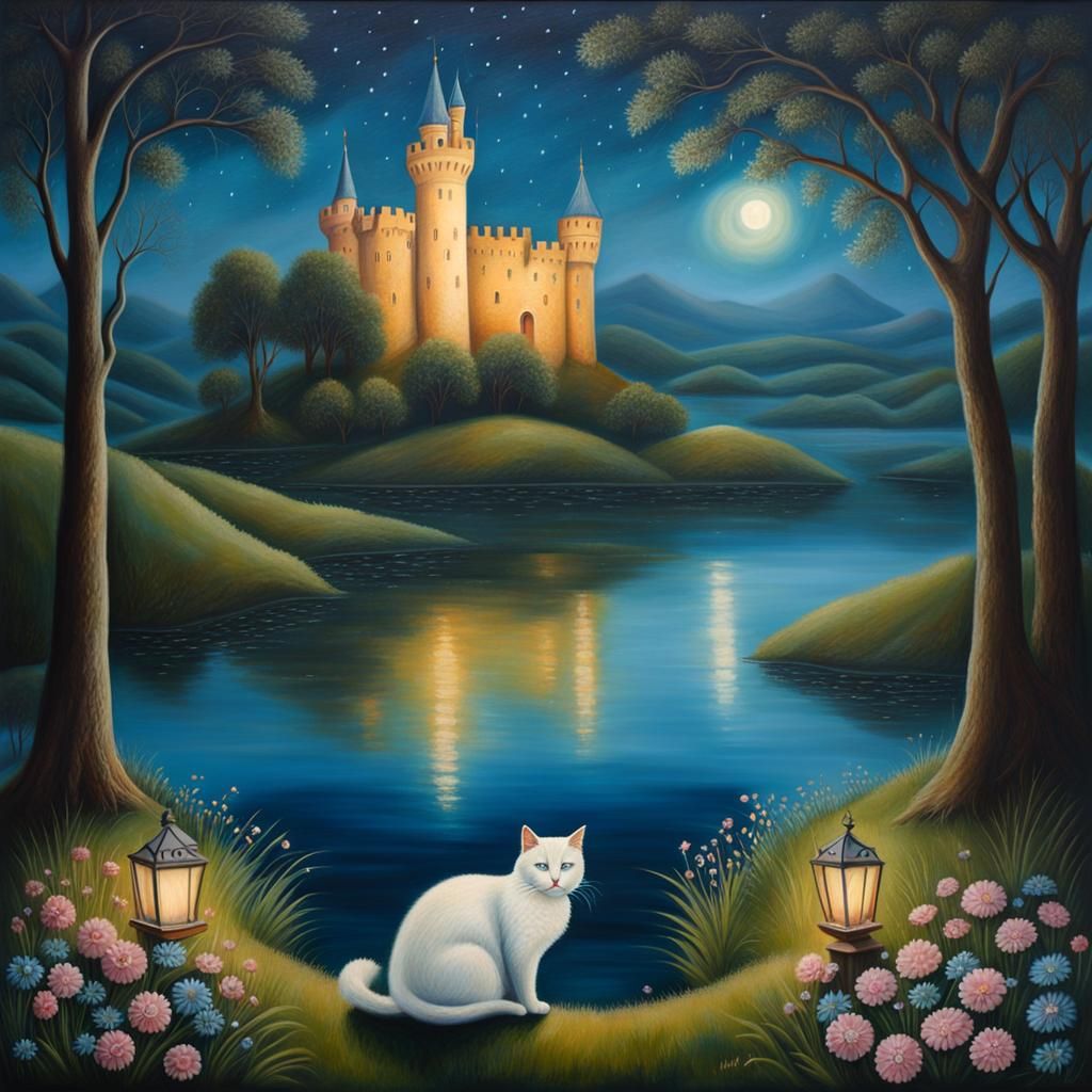 Dreamy Medieval Castle Pond at Midnight Oil Painting