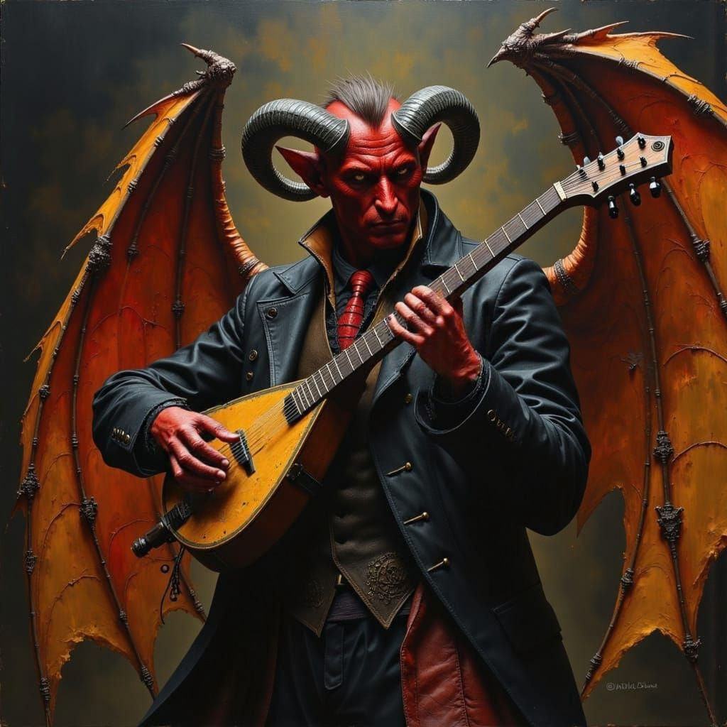 Tiefling Bard Playing Lute in Victorian Fantasy Style