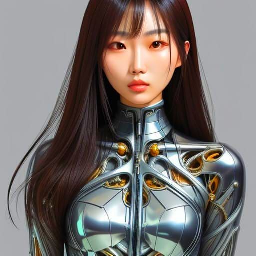 Cyberpunk Asian Woman in Shimmering Biomechanical Suit