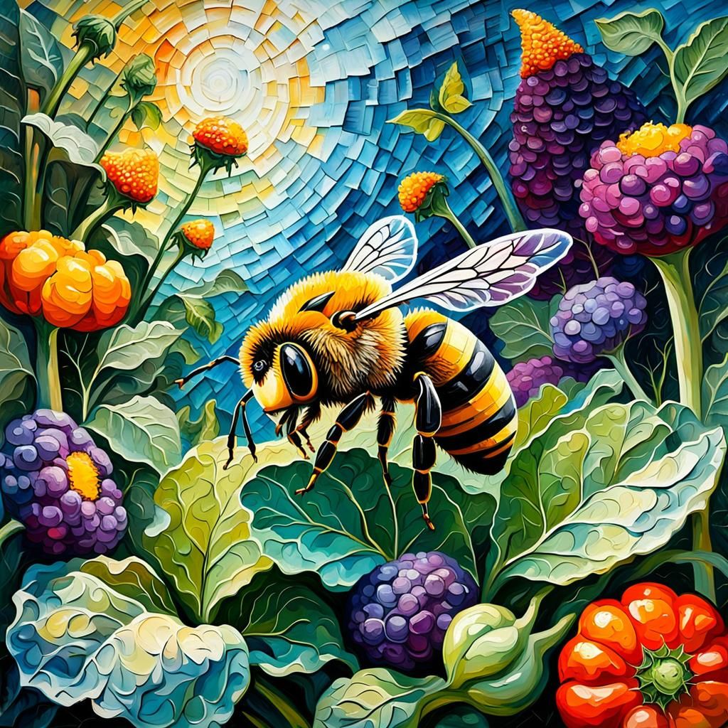 Wild bee in a mystery secret garden with huge vegetables