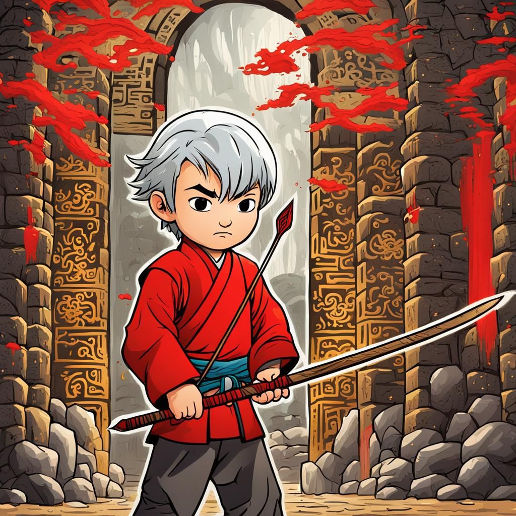 Epic 2D Cartoon of Silver-Haired Boy in Traditional Chinese...