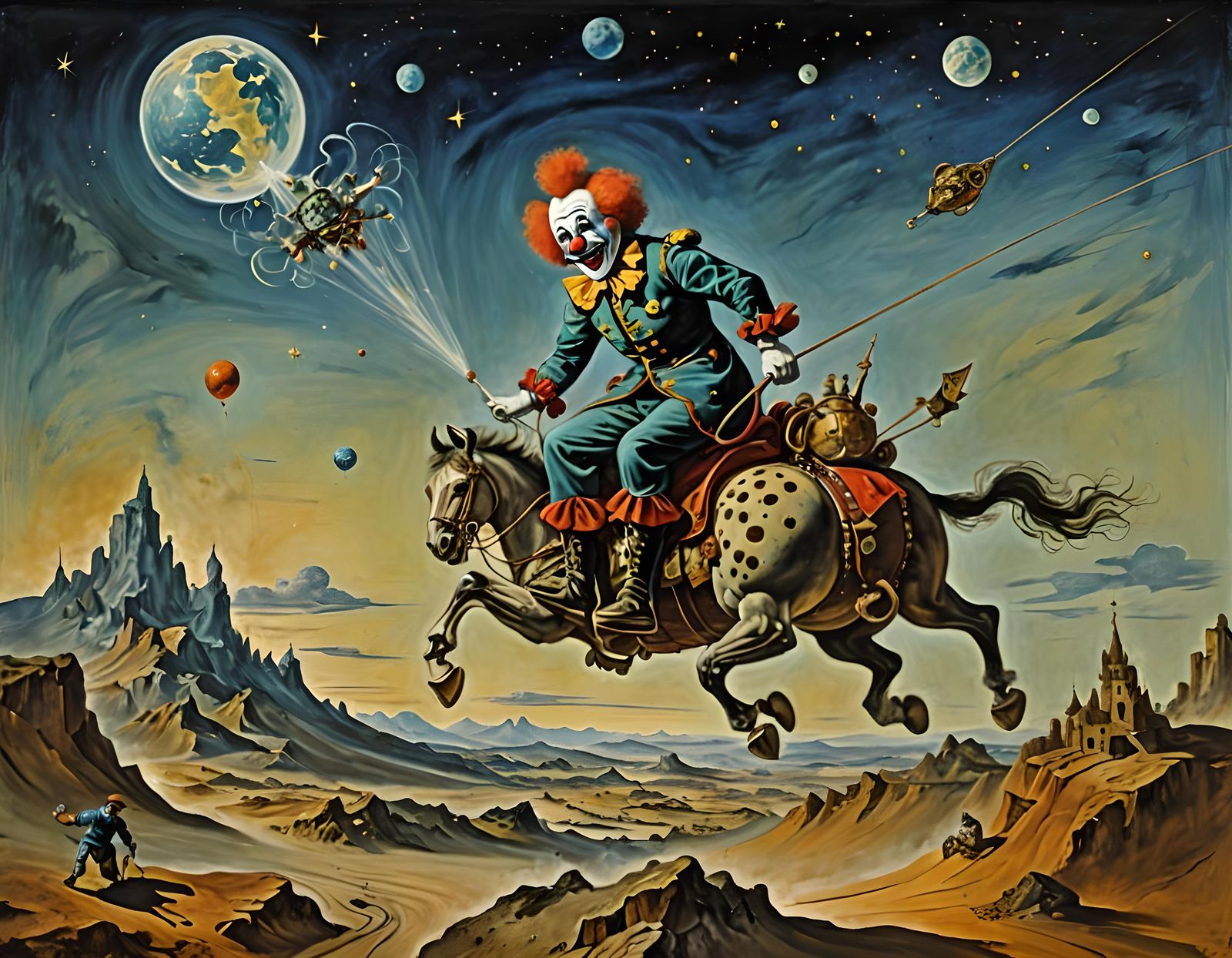 Clown's Comet Ride: Surreal Oil Painting