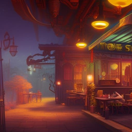 Fantastical Night Cafe Concept Art in Deep Color