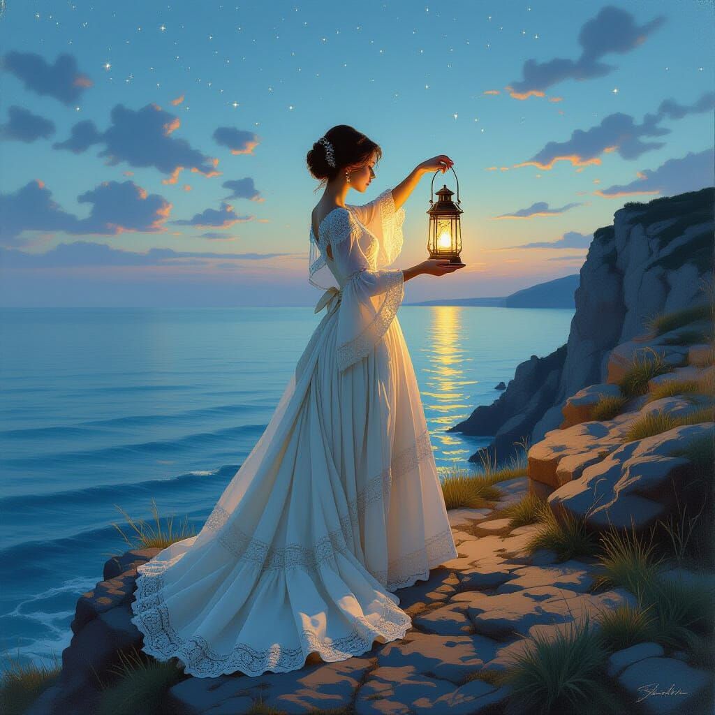 Woman with Lantern by Starlit Ocean, Impressionism