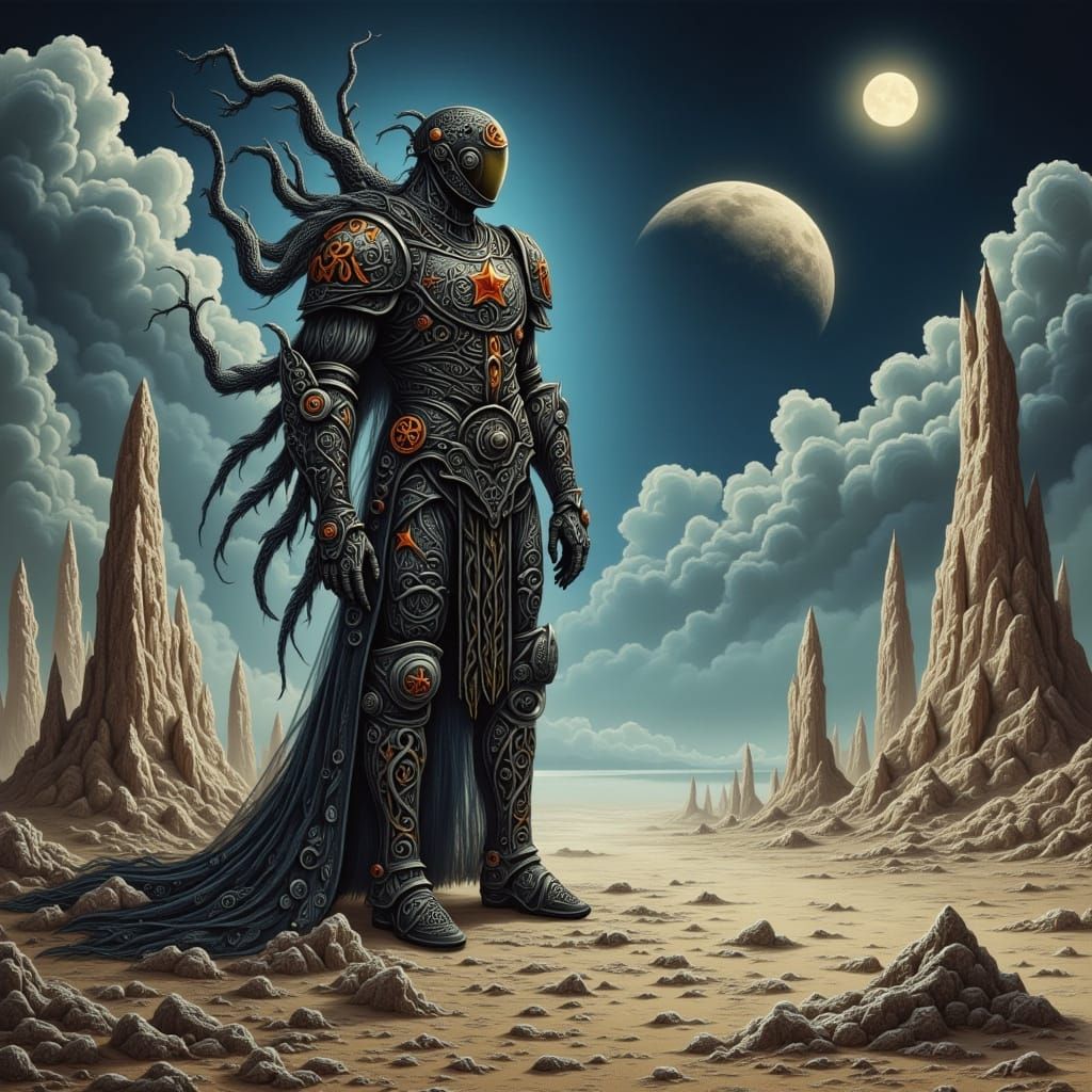 Knight in Biomechanical Armor on Alien World