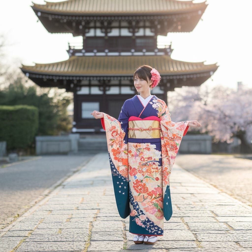 Japanese Woman in Colourful Kimono in Front of a Traditional...