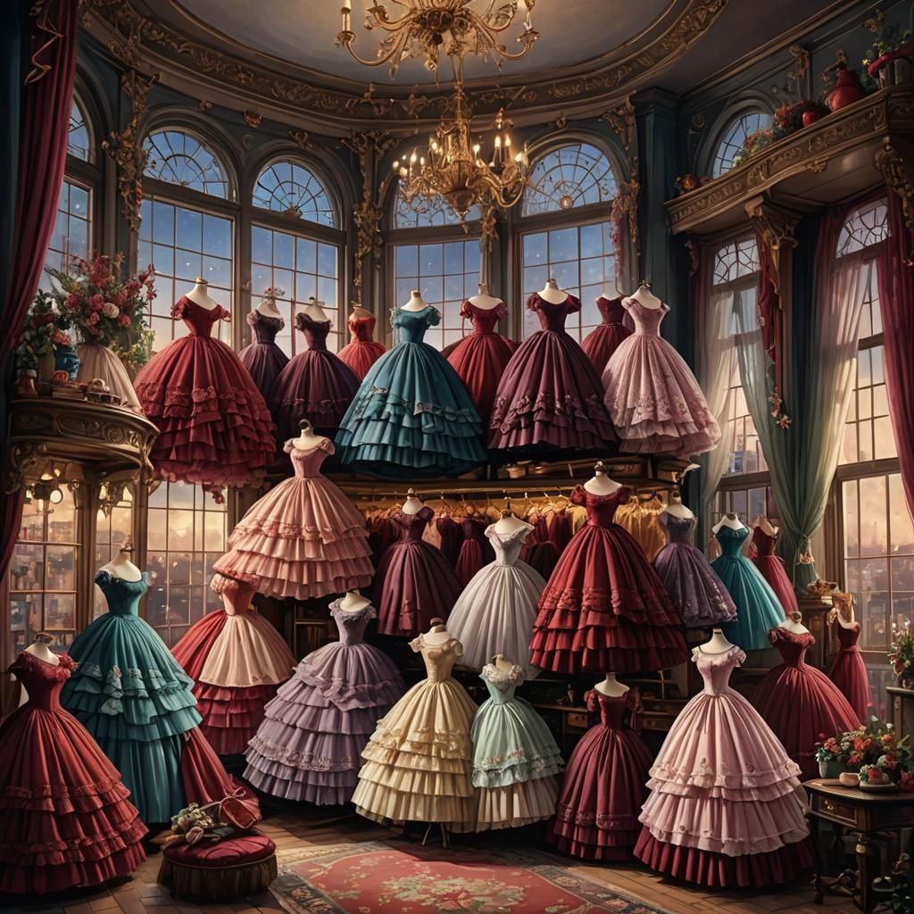 Elaborate Crinoline Dress in Opulent Room, Digital Art