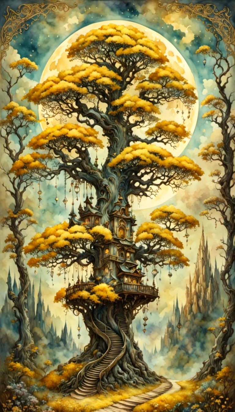 Twilight Treehouse with Golden Blossoms