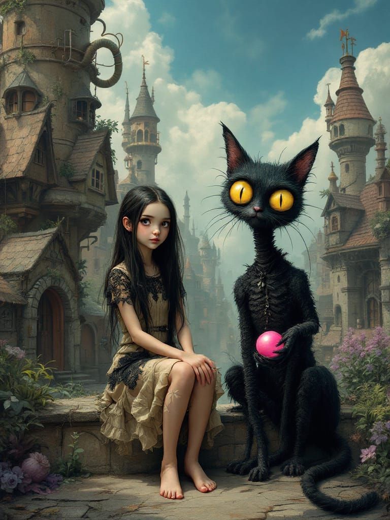 Whimsical Girl & Shadow Cat in Steampunk Town
