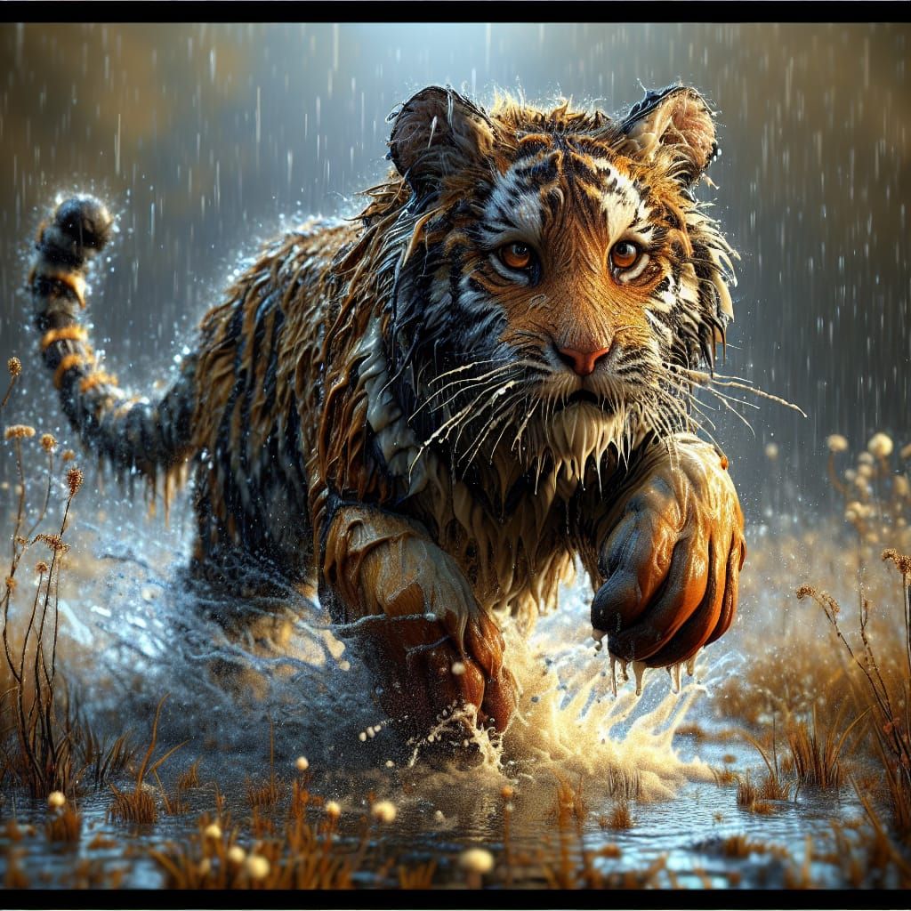 Muddy Tiger Cub in a Stormy Landscape