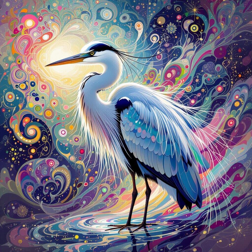 Ethereal Heron in Psychedelic Dreamscape