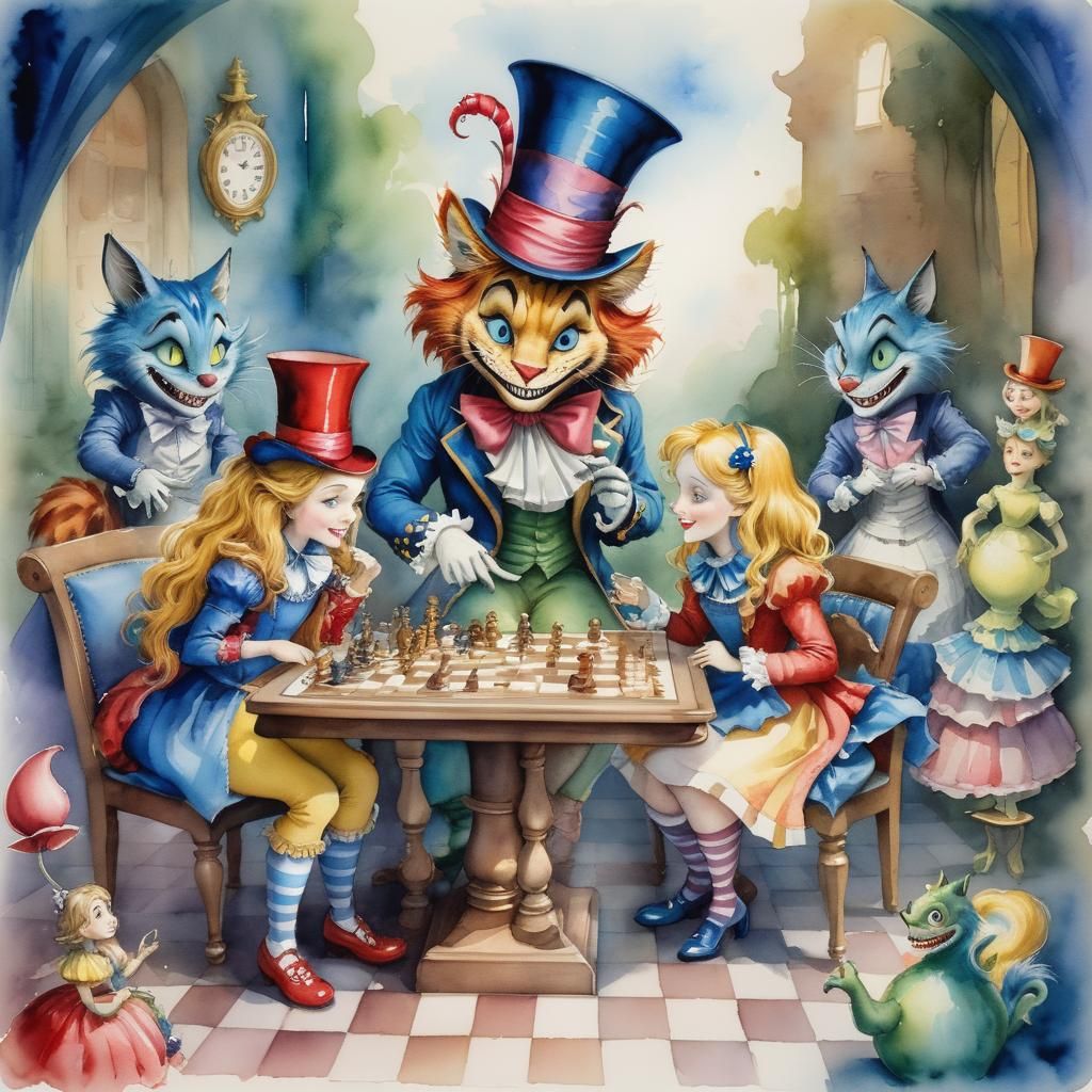 Alice and Cheshire Cat Play Chess, Watercolor
