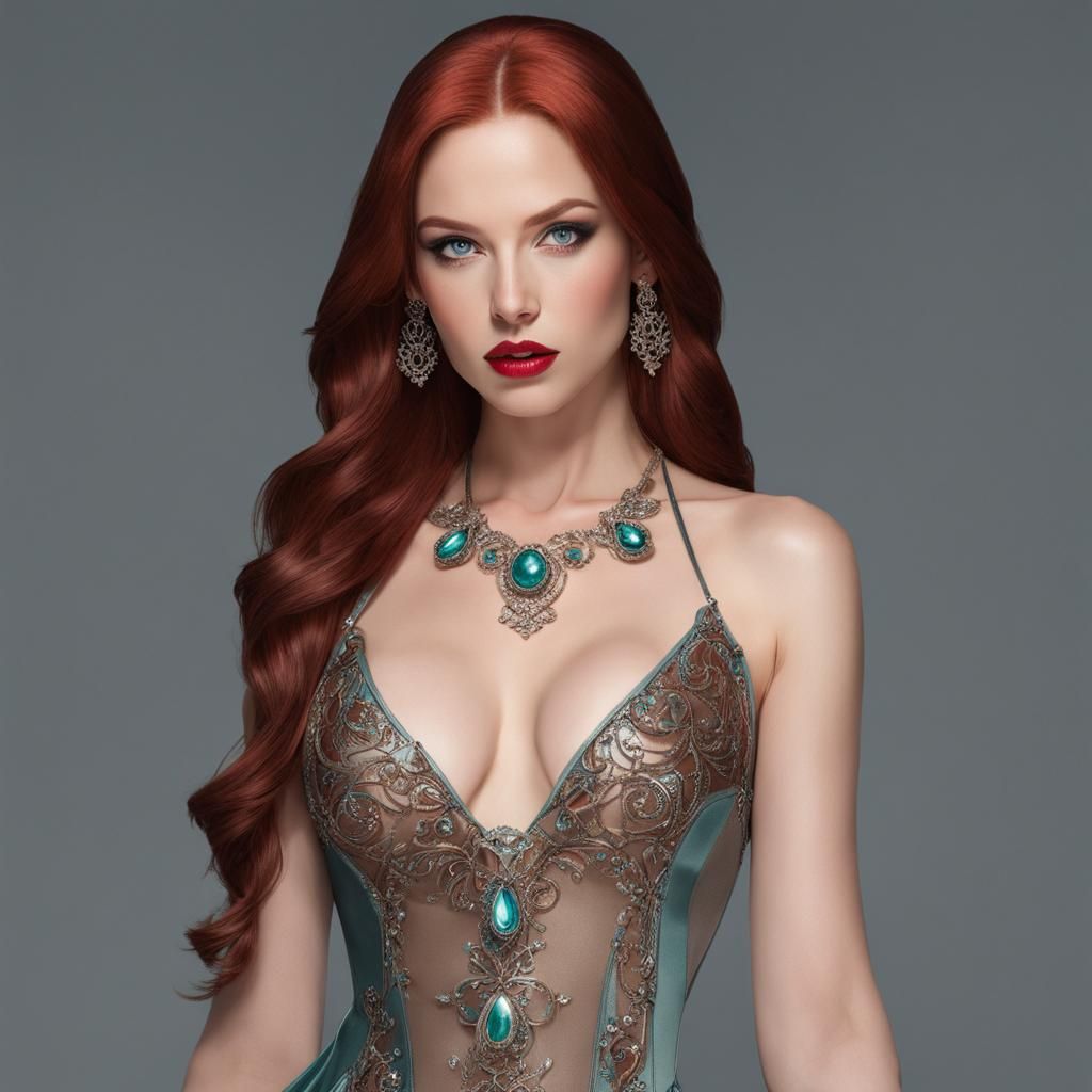Redhead in Green Dress: Hyperrealistic Concept Art