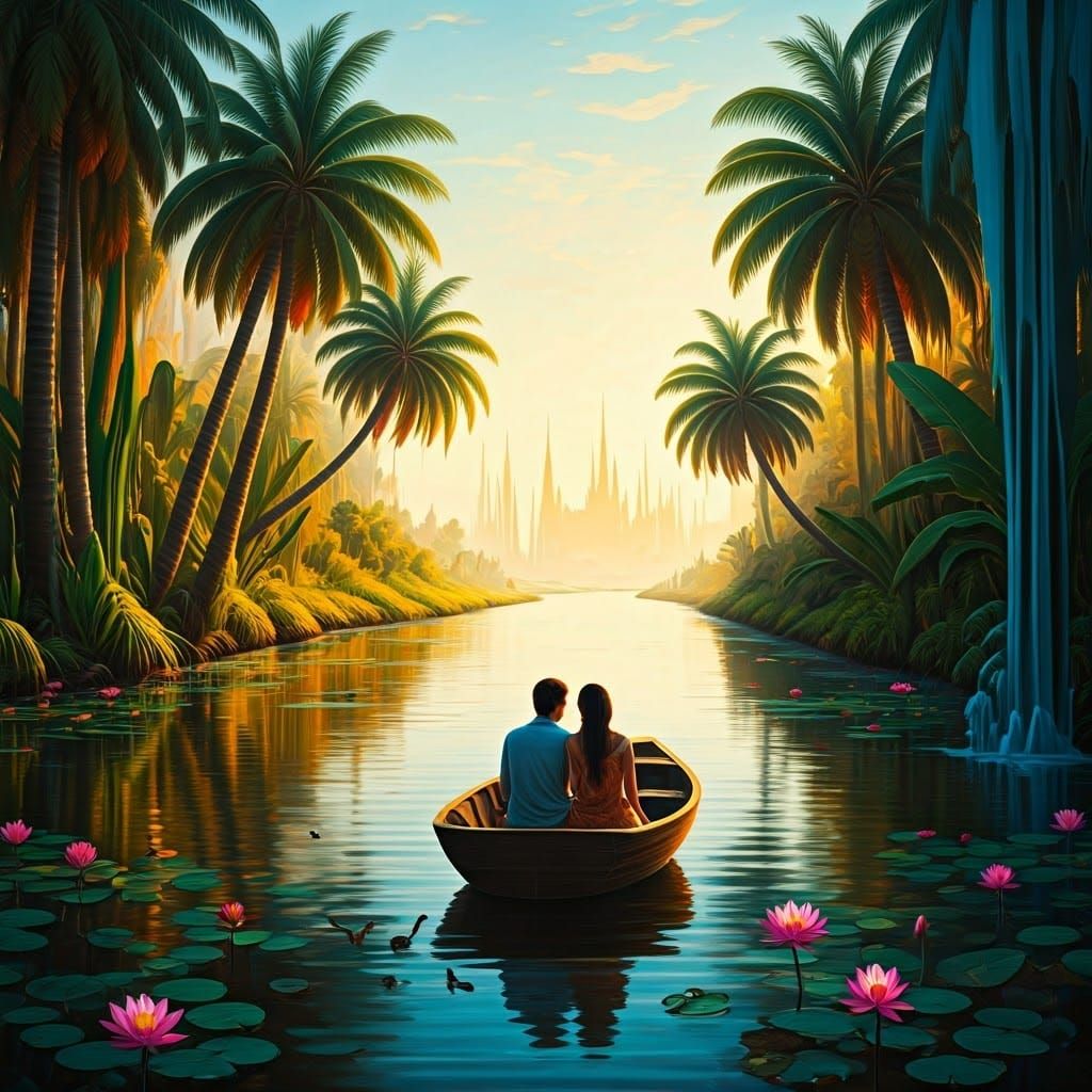 Serene Couple in a Tranquil River Landscape with Vibrant Hue...