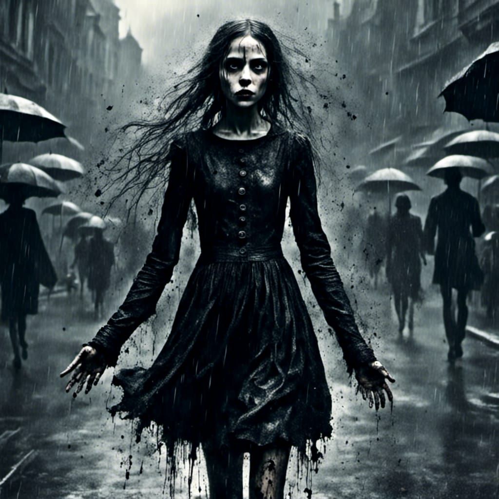 Gothic Vampire Girl Ghost in Rainy Cityscape
