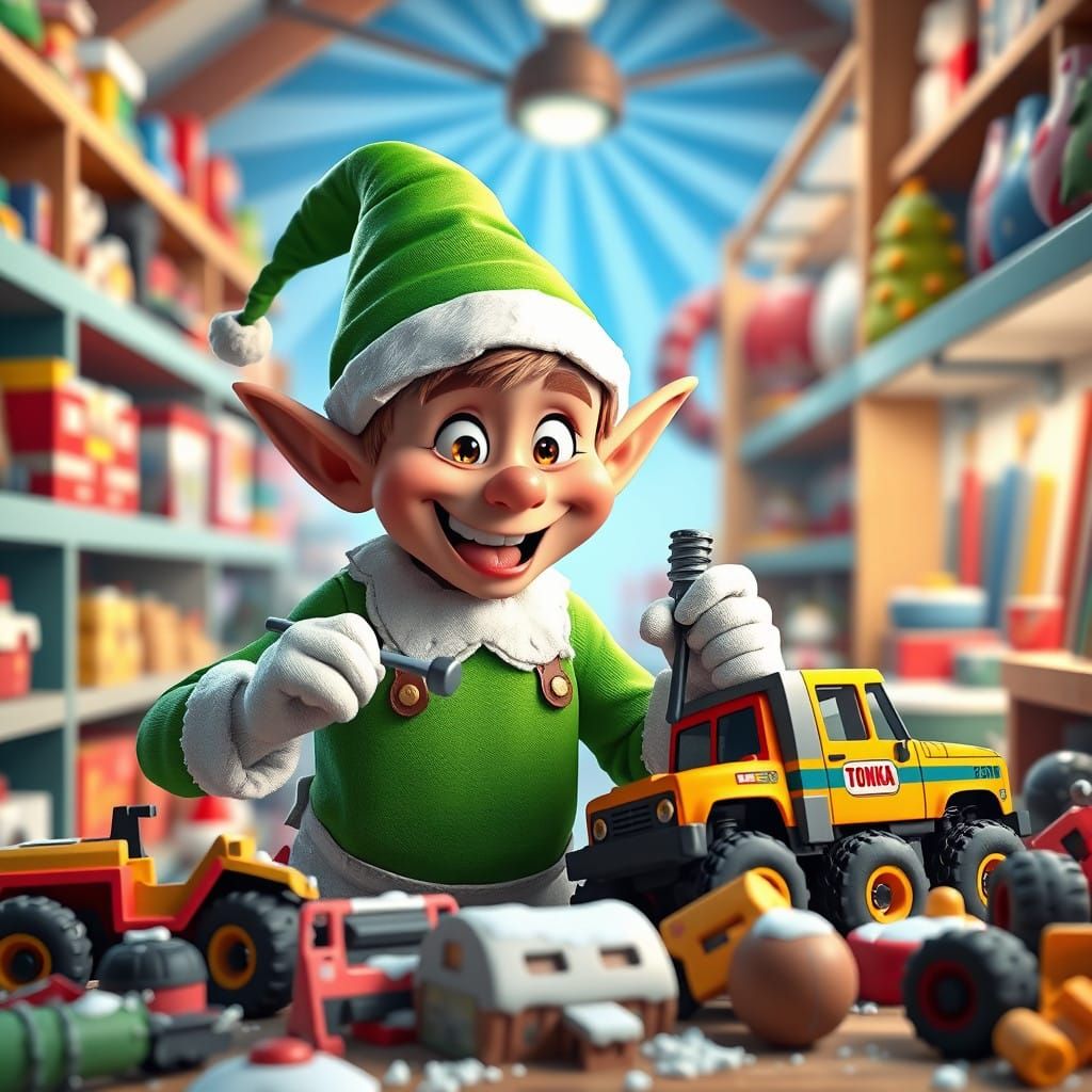 Cheerful Christmas Elf Assembles Toy Truck in Vibrant North...
