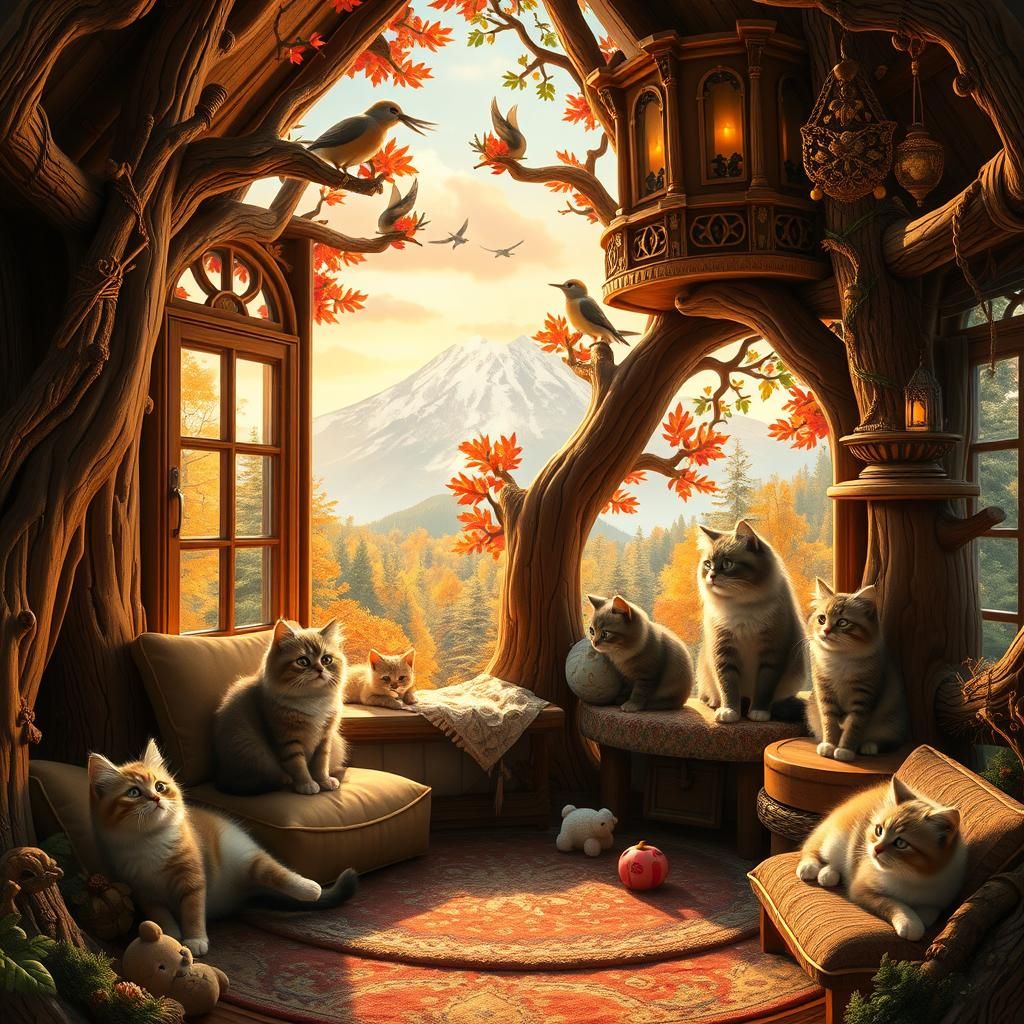 Ornate Treehouse Interior for Cats in Painterly Style