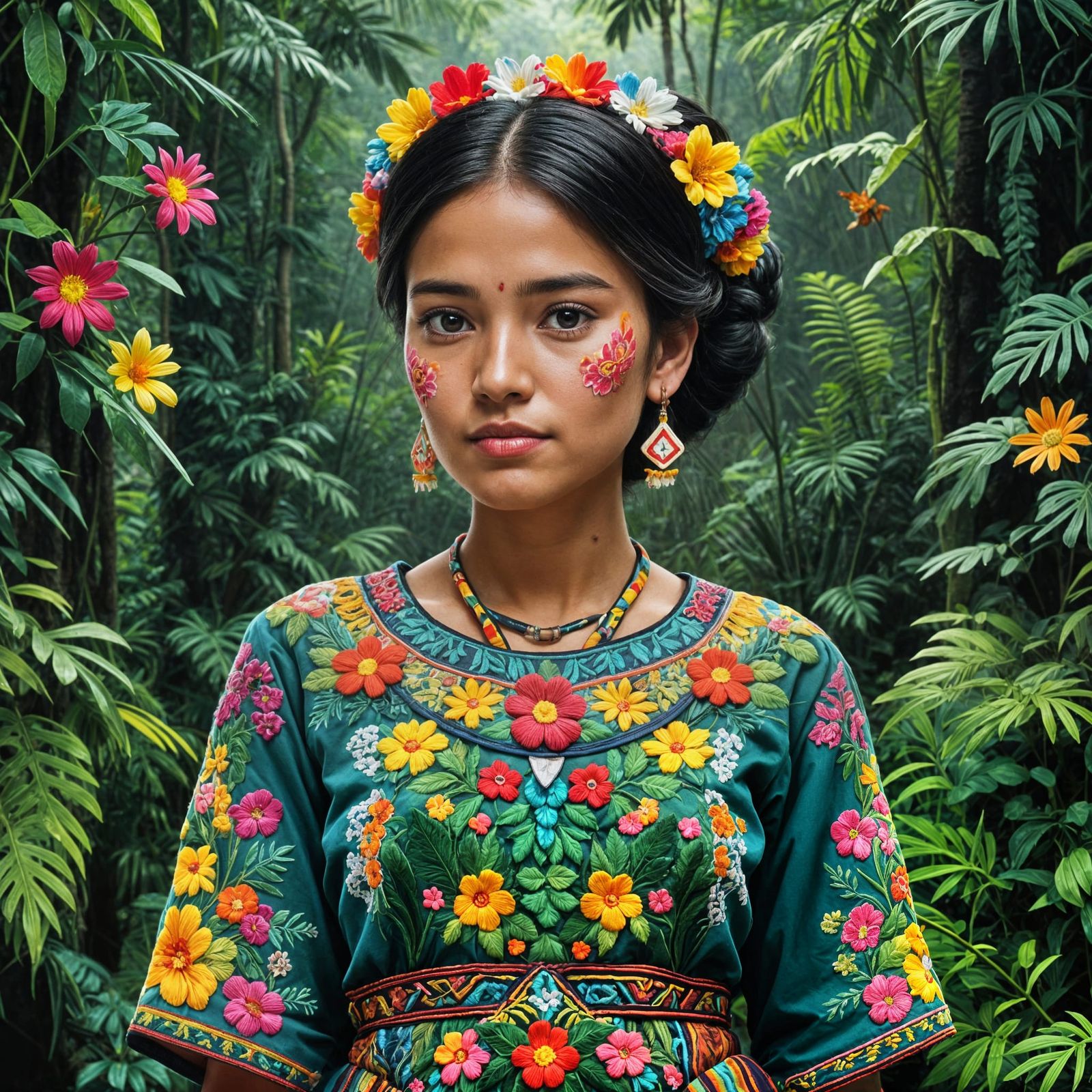 Guatemalan Woman in Traditional Dress in Rainforest