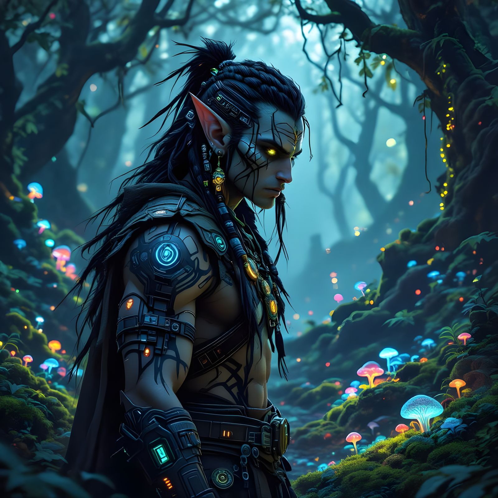 Elven Barbarian with Cybernetic Implants in Bioluminescent F...