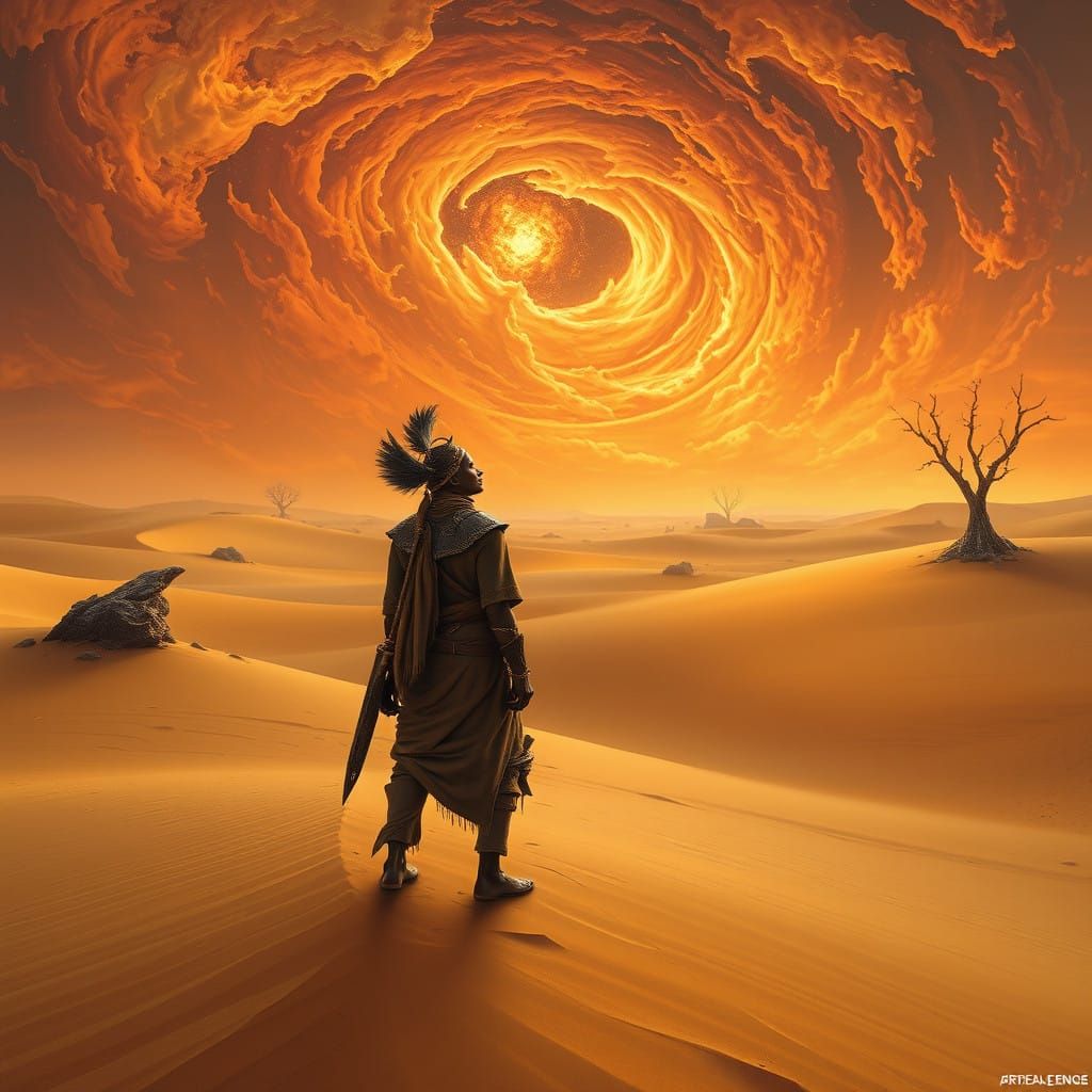 African Warrior Lost in Golden Desert Landscape