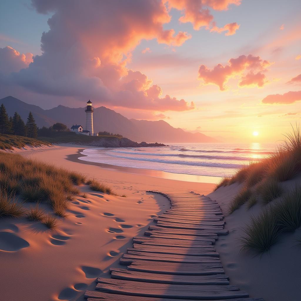 Golden Beach Lighthouse in Pastel Evening Light