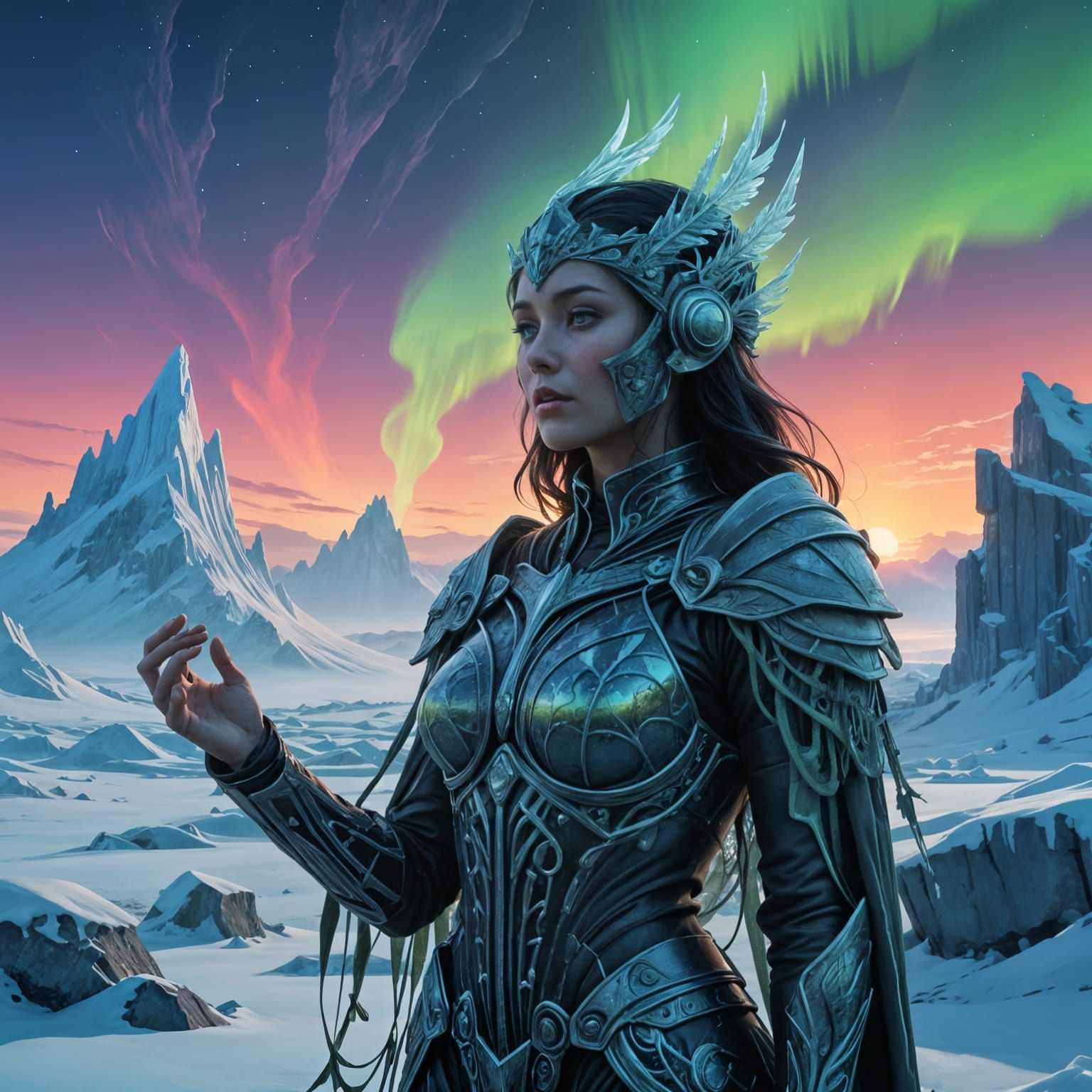Regal Woman in Crystal Armor Amidst Aurora Borealis
