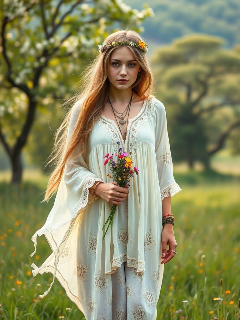 Ethereal Boho Goddess Among Wildflowers