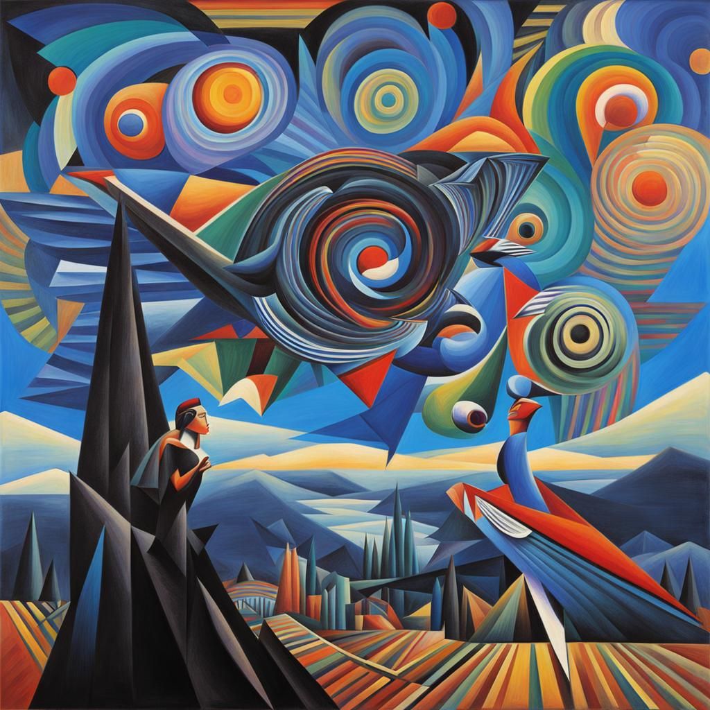 Abstract Cubist Thunderbird Wild Woman in Rainbow