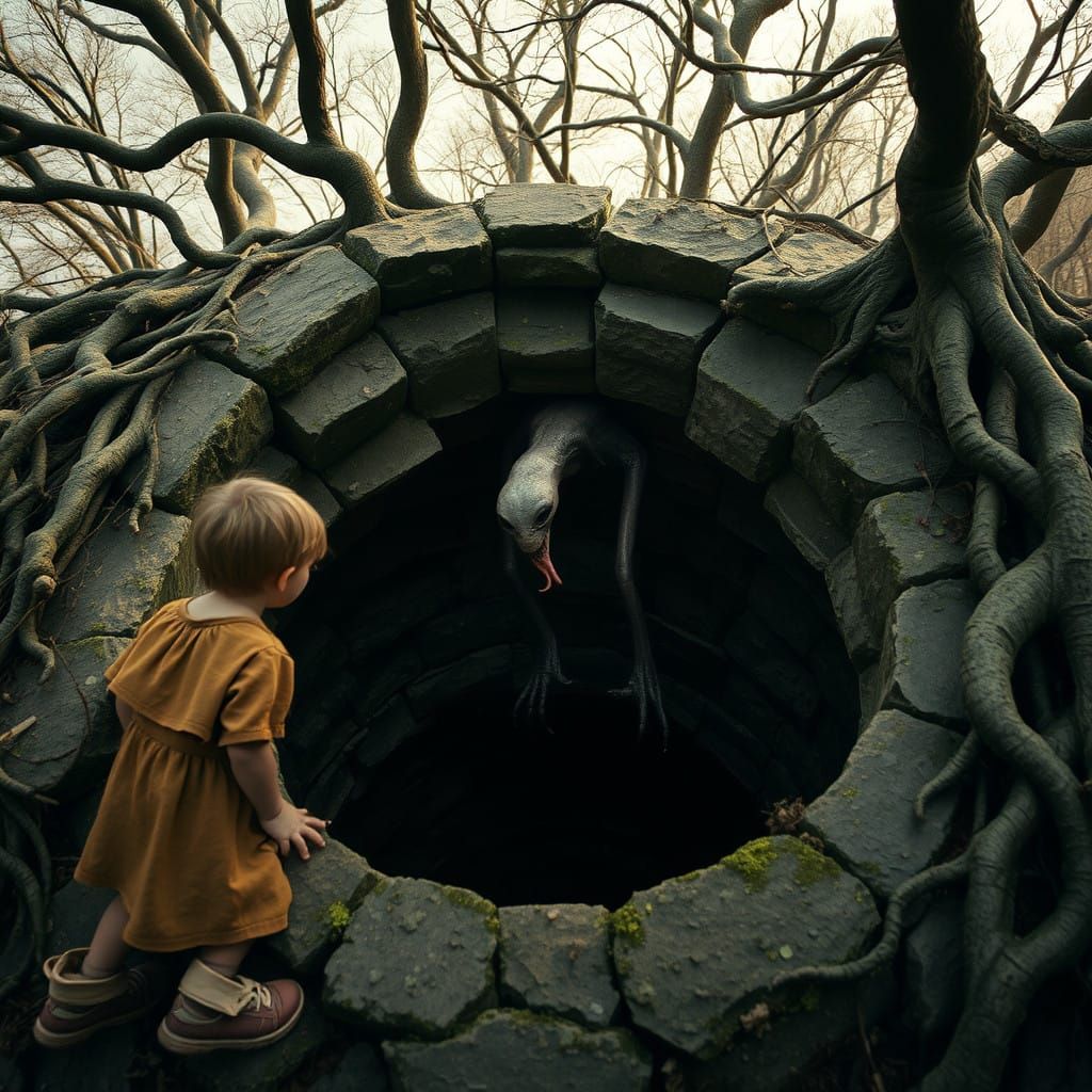 Child Stares Down into a Dark, Twisted Well, Confronted by a...