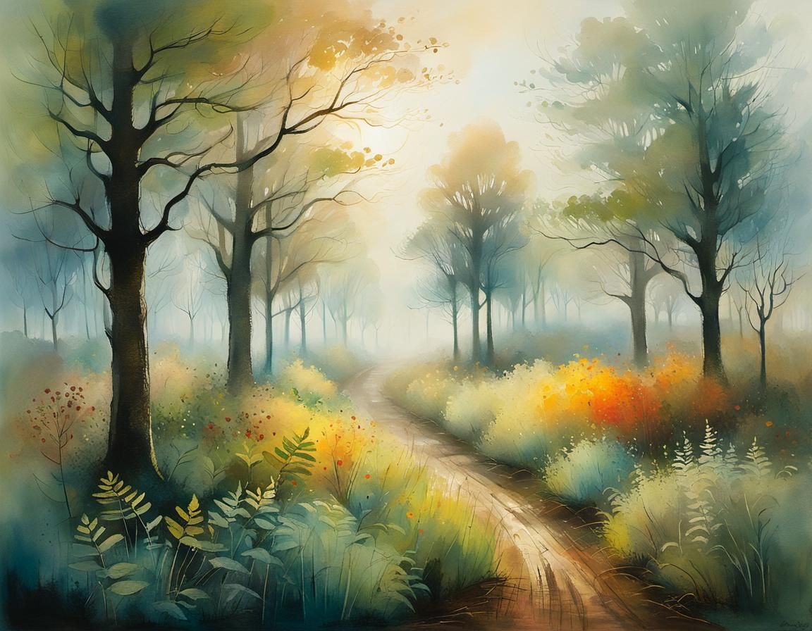 Misty Orchard Illustration in Mixed Media Style