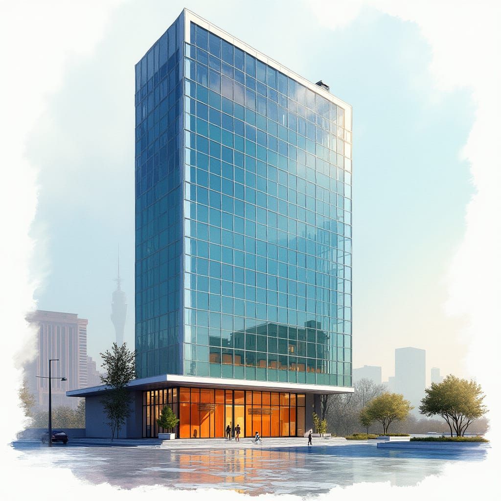 Whimsical Modern Skyscraper in Watercolour and 3D