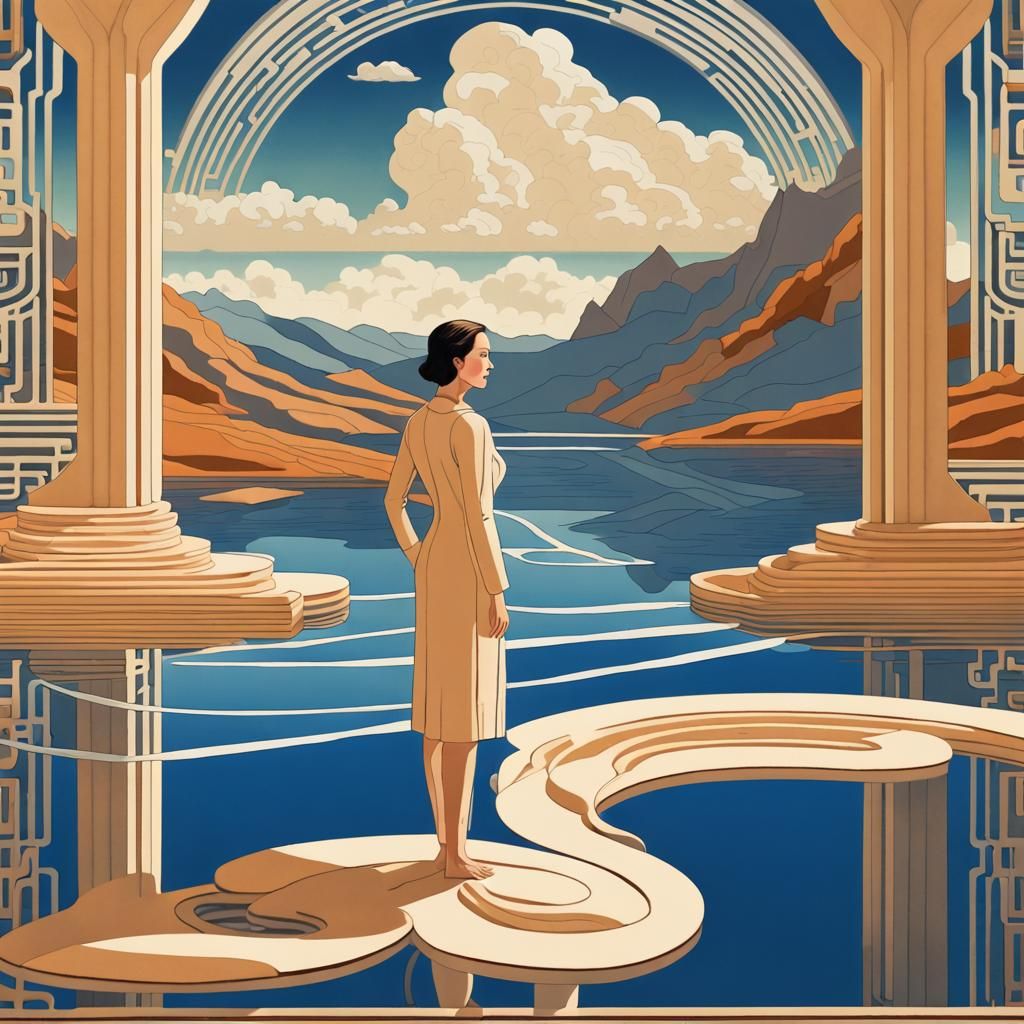 Woman Embracing Freedom: Surreal Art Deco Portrait