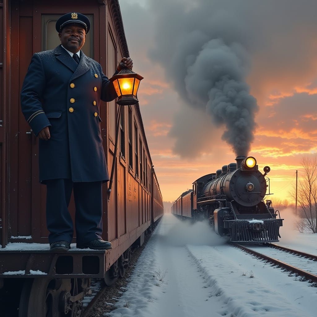 Dignified Railroad Conductor Waves Lantern in Snowy Sunrise,...