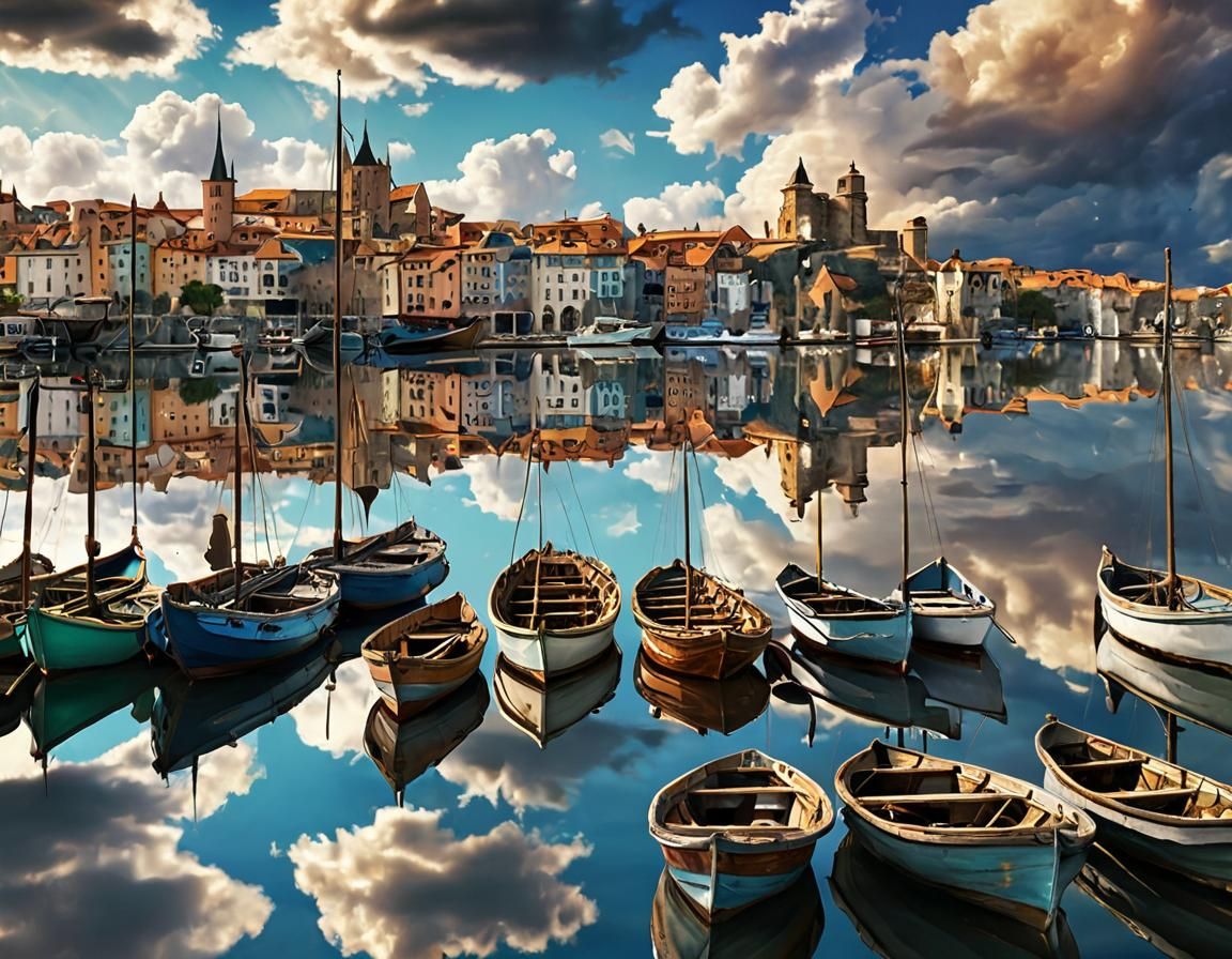 Medieval Sky City Reflected Under Iridescent Clouds