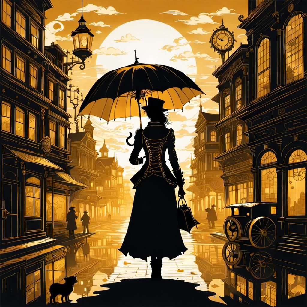 Steampunk Silhouette: Woman with Umbrella in Golden City